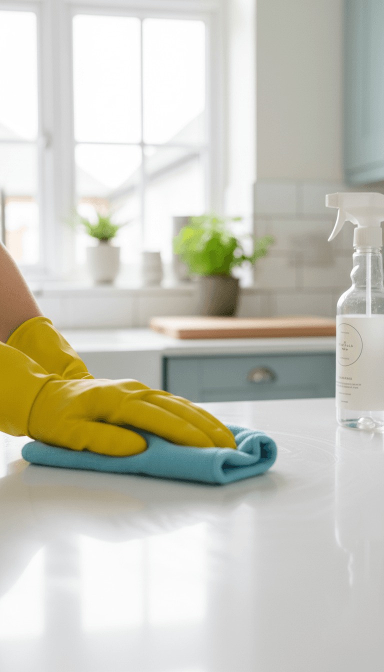 A cleaner wiping a kitchen counter with the headline question written above.