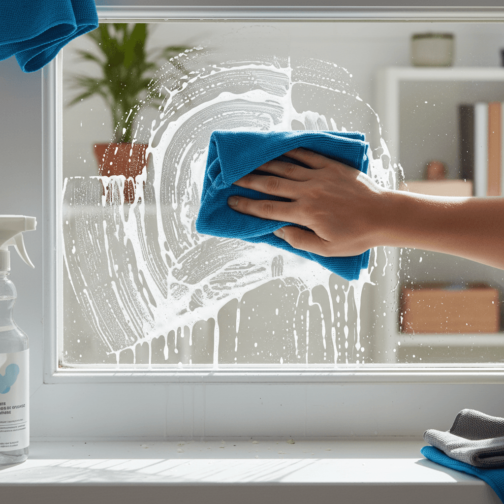 Close-up of interior window cleaning with microfiber cloth and soapy water on residential window