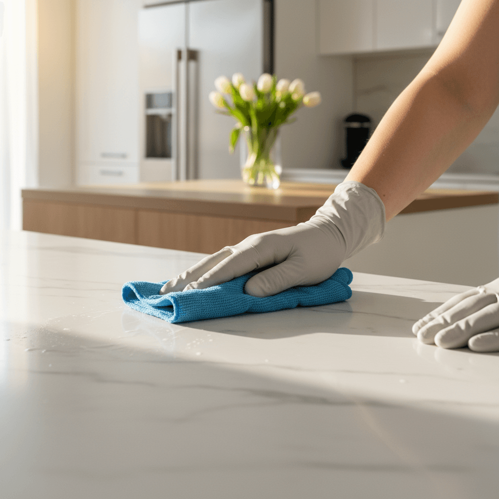 Professional cleaner's gloved hands polishing gleaming marble countertop with microfiber cloth in bright modern kitchen
