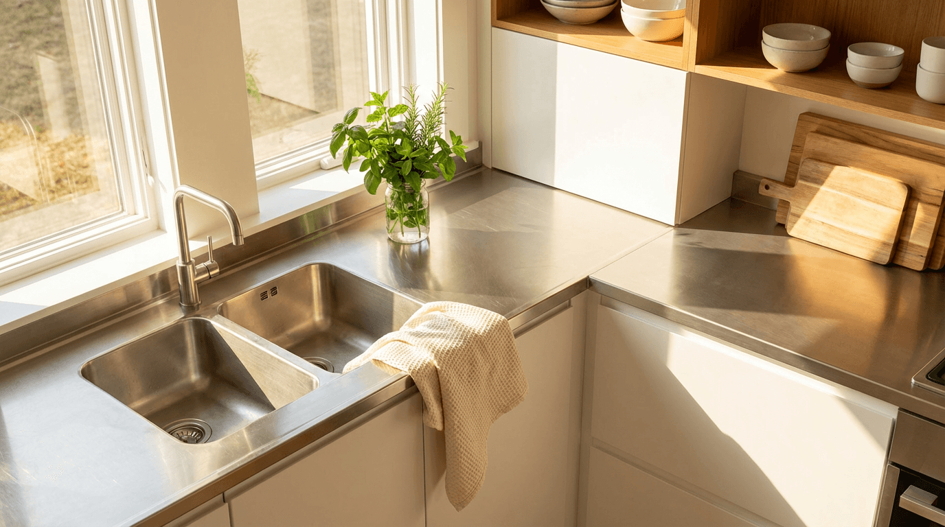 Bright, freshly cleaned kitchen with sunlight and gleaming surfaces
