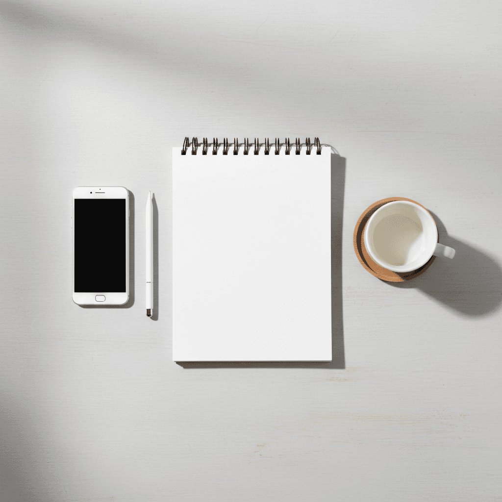 Phone and notepad on a kitchen counter with cleaning supplies nearby