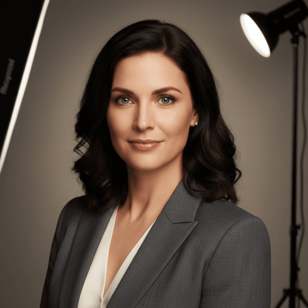 Professional studio headshot of confident woman in blazer against neutral backdrop with flattering studio lighting